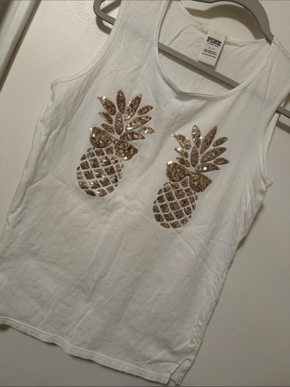 PINK Victoria's Secret White Tank with Gold Sequin Pineapples NWOT
